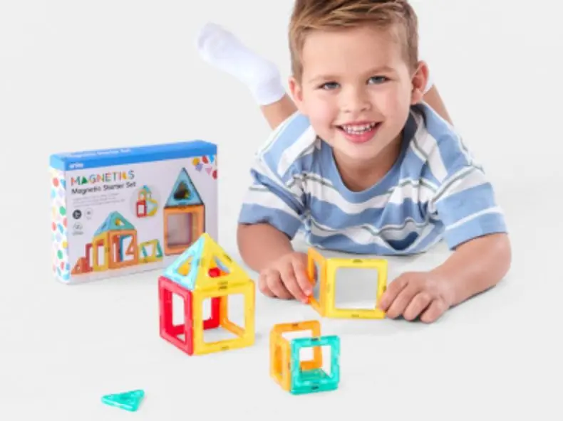 Boy Playing with 18 Piece Magnetic Tiles