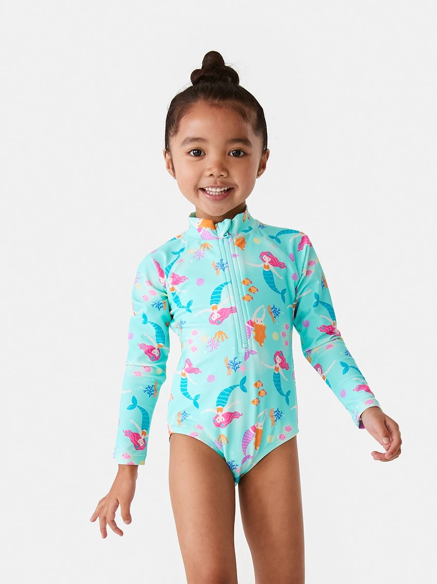 Young Girl Wearing Mermaid Print Long Sleeve One Piece Swim