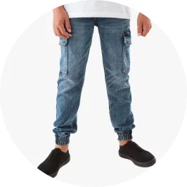 Boy Wearing Mid Wash Denim Cargo Jog