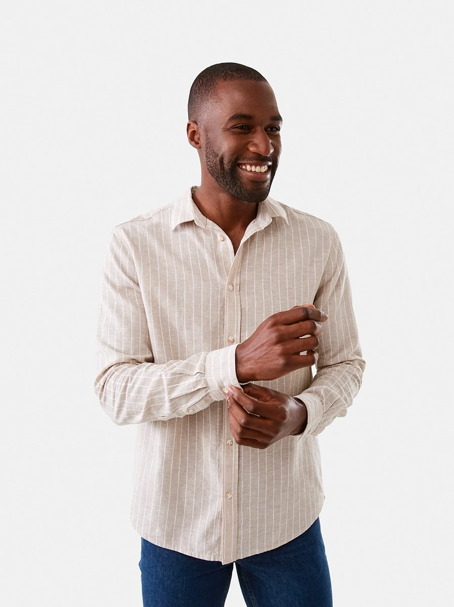 Man Wearing Beige Color Long Sleeve Stripe Linen Blend S