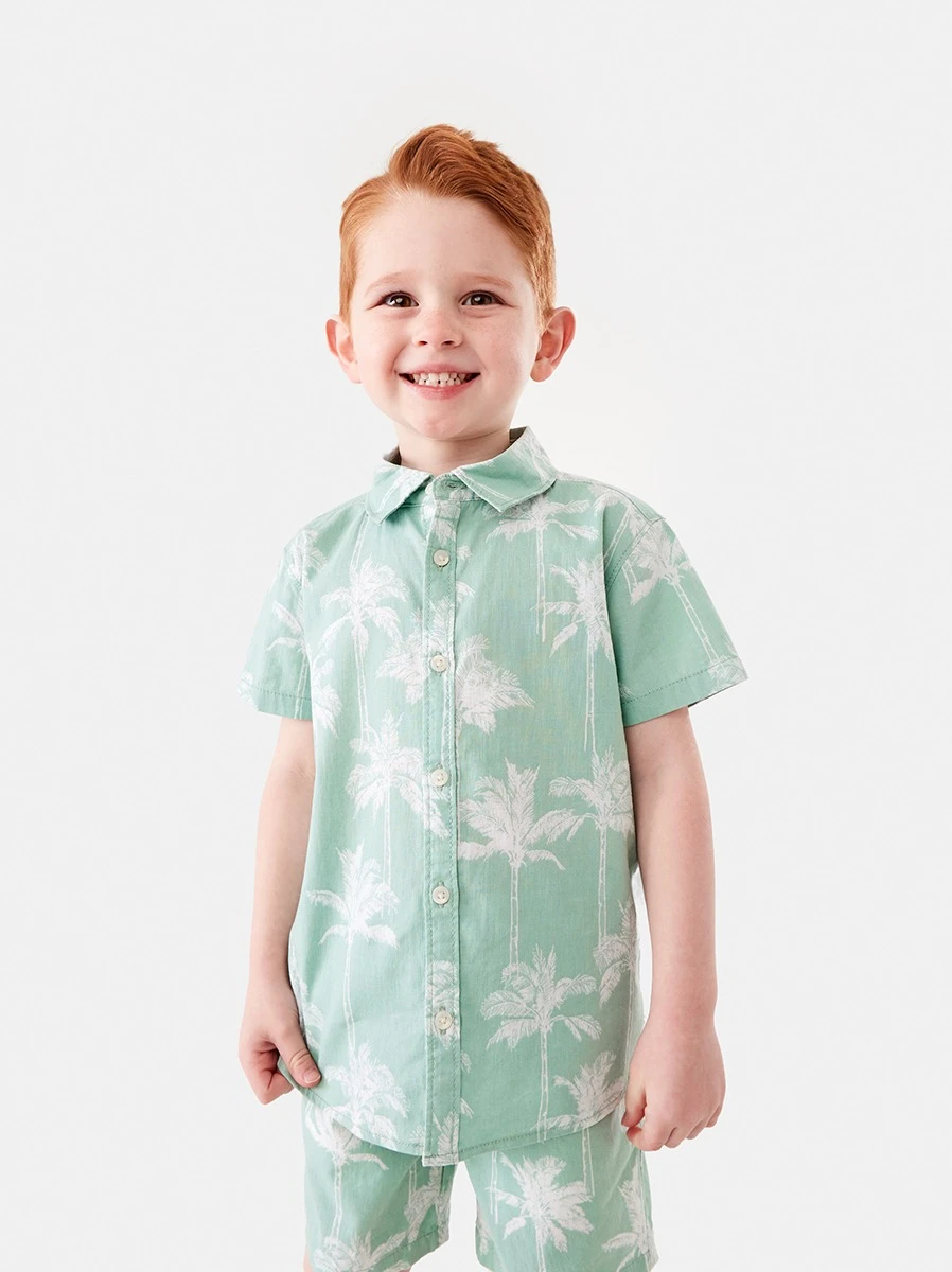 Boy Wearing Jade Palm Print Linen Blend S