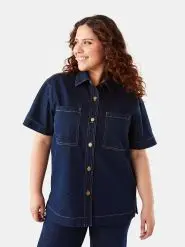 Woman Wearing Short Sleeve Denim Shirt