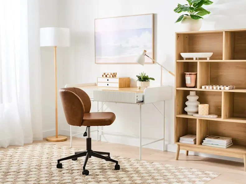 Home Office Set Up with Desk, Chair, Storage Unit & a Checkered Rug