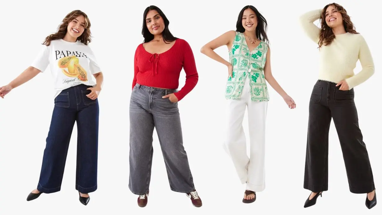 Four different womens denim jeans outfits