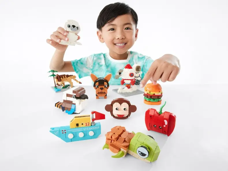 young boy playing with mini block toys