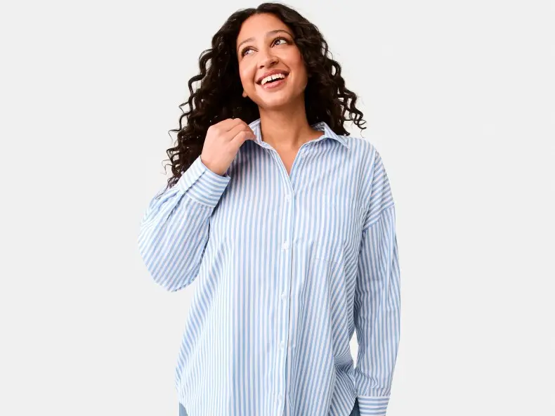 Woman wearing Long Sleeve Boyfriend Shirt