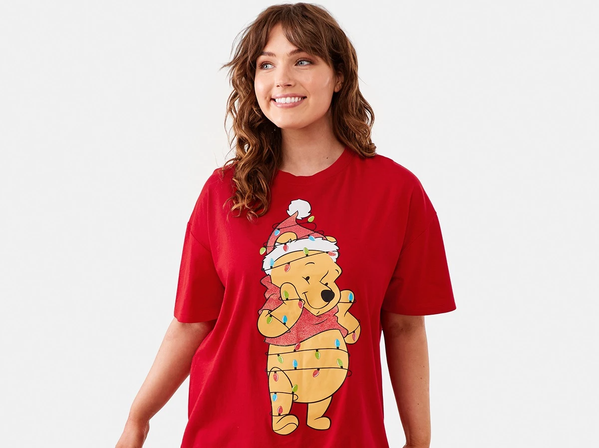 Woman wearing Short Sleeve Winnie the Pooh License Christmas T-s