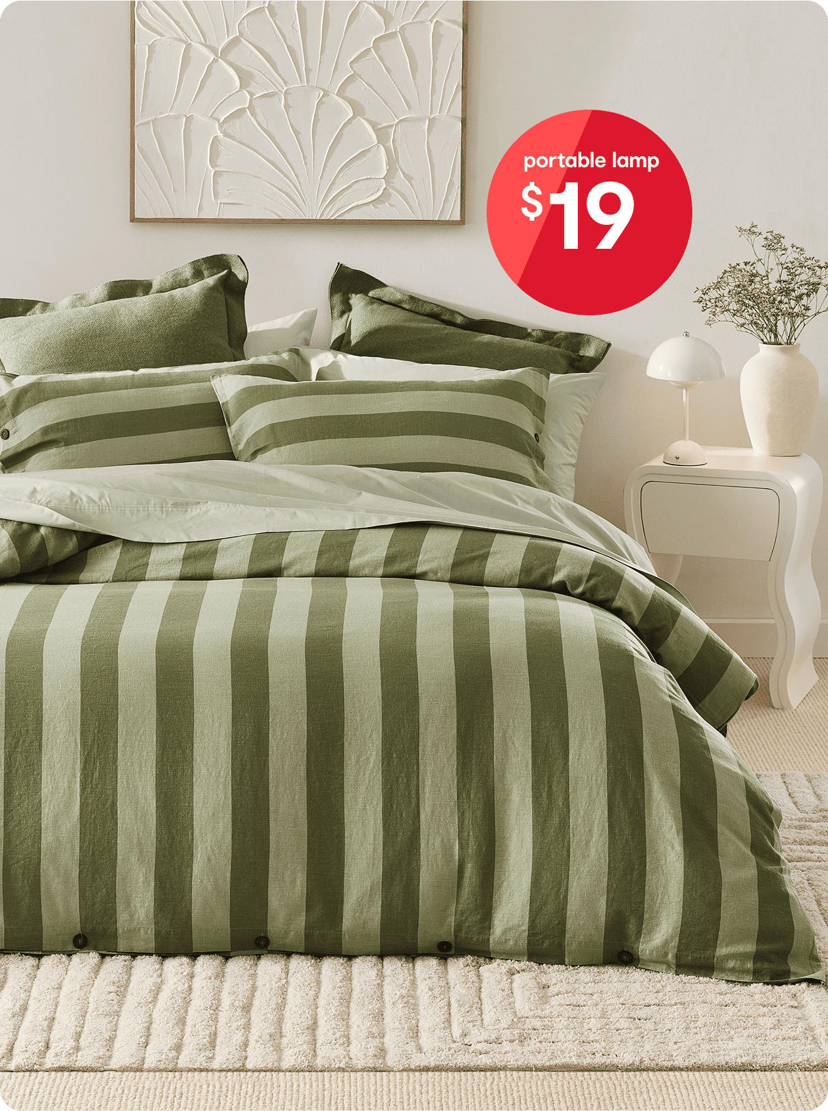 Stripe Linen Cotton Quilt Cover Set - Queen Bed, Green and $19 portable lamp
