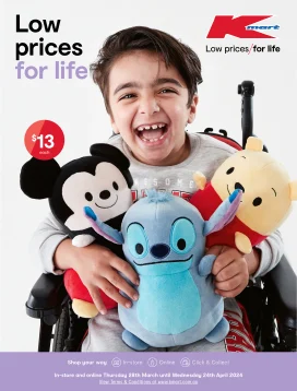 Catalogue front page featuring a young boy cuddling new Disney plush toys range