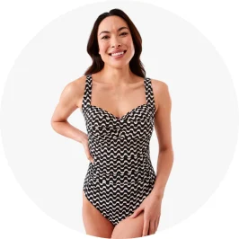 Woman Wearing Black Wave Print Twist Front One Piece Swim