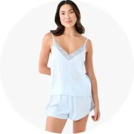 Woman Wearing Blue Woven Lace Cami and Shorts Pyjama