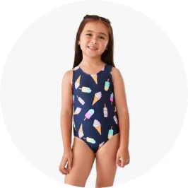 Girls wearing blue colour ice-cream print one piece swim