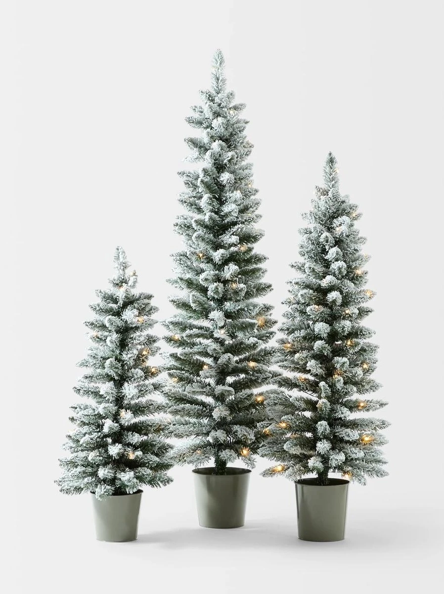 Set of 3 Snowy Prelit Potted Christmas 