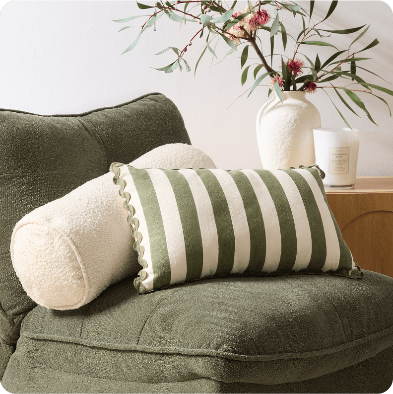 Como Chenille Lounge Chair with Stripe ric rac cushion sage and Bolster boucle cushion