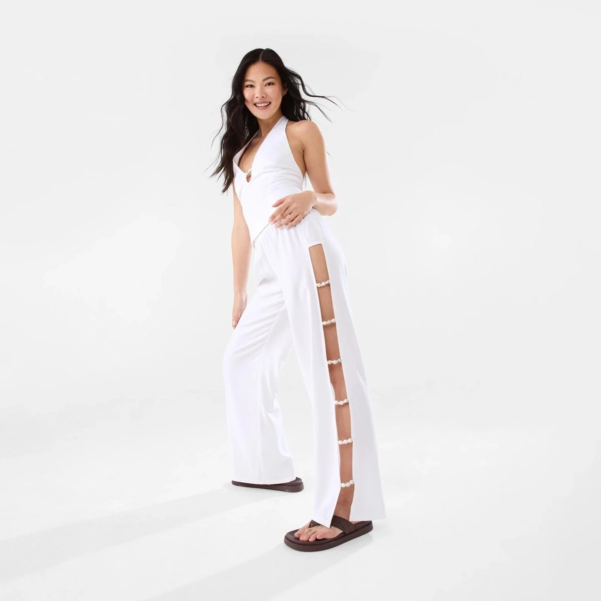 Linen Blend Beaded Pants