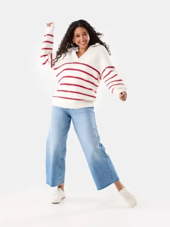 Women Cherry Stripe Fluffy Knit Polo Ju