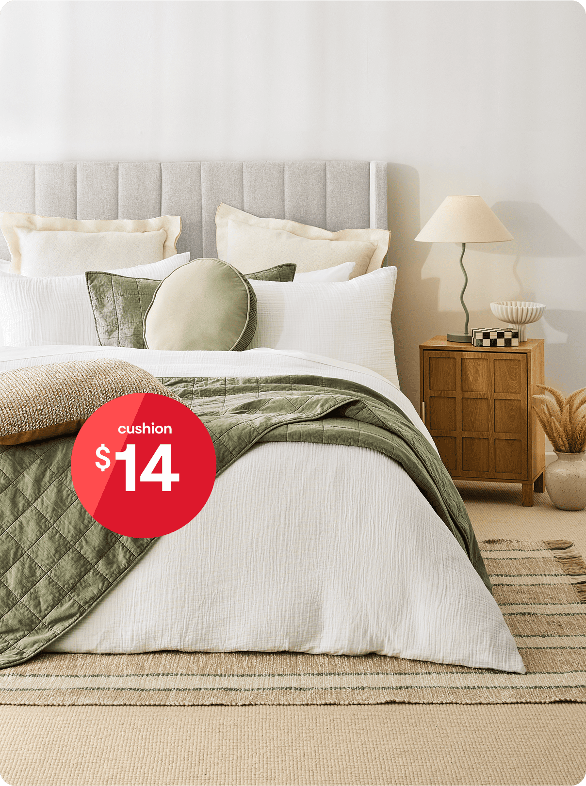 Timeless themed bedroom set-up with Muslin Cotton Quilt Cover Set - Queen Bed, White and $14 Stripe cushion lark
