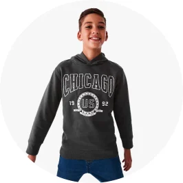 Boy Wearing Dark Chicago Print Pullover Ho