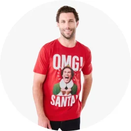 Man wearing Elf Christmas License T-s