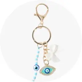 Evil Eye Charm Keyring - Gold Tone, Blue and W