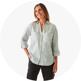 Woman Wearing Green Striped Rolled Sleeve Cotton Slub S