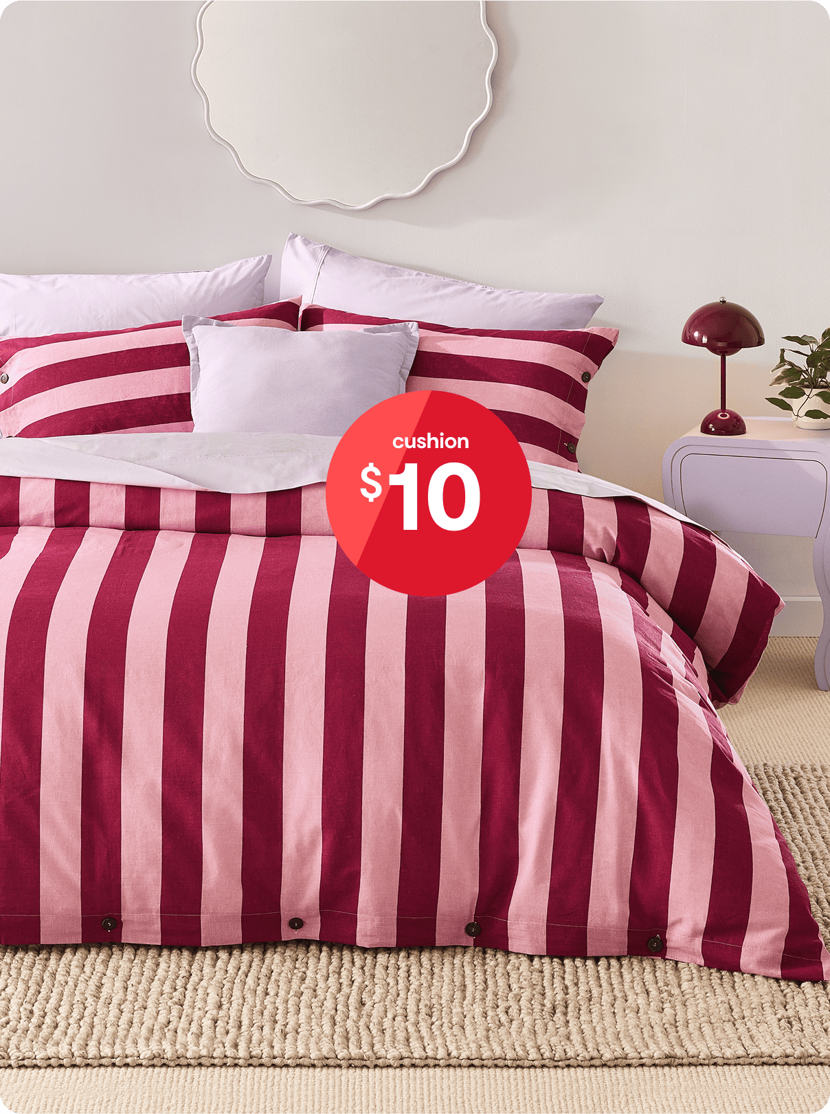 Stripe Linen Cotton Quilt Cover Set - Queen Bed, Berry and $10 cushion