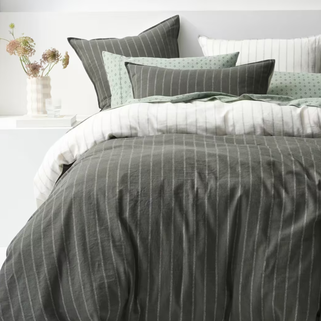 Target Adelle Stripe Linen/Cotton Quilt Cover Set moss