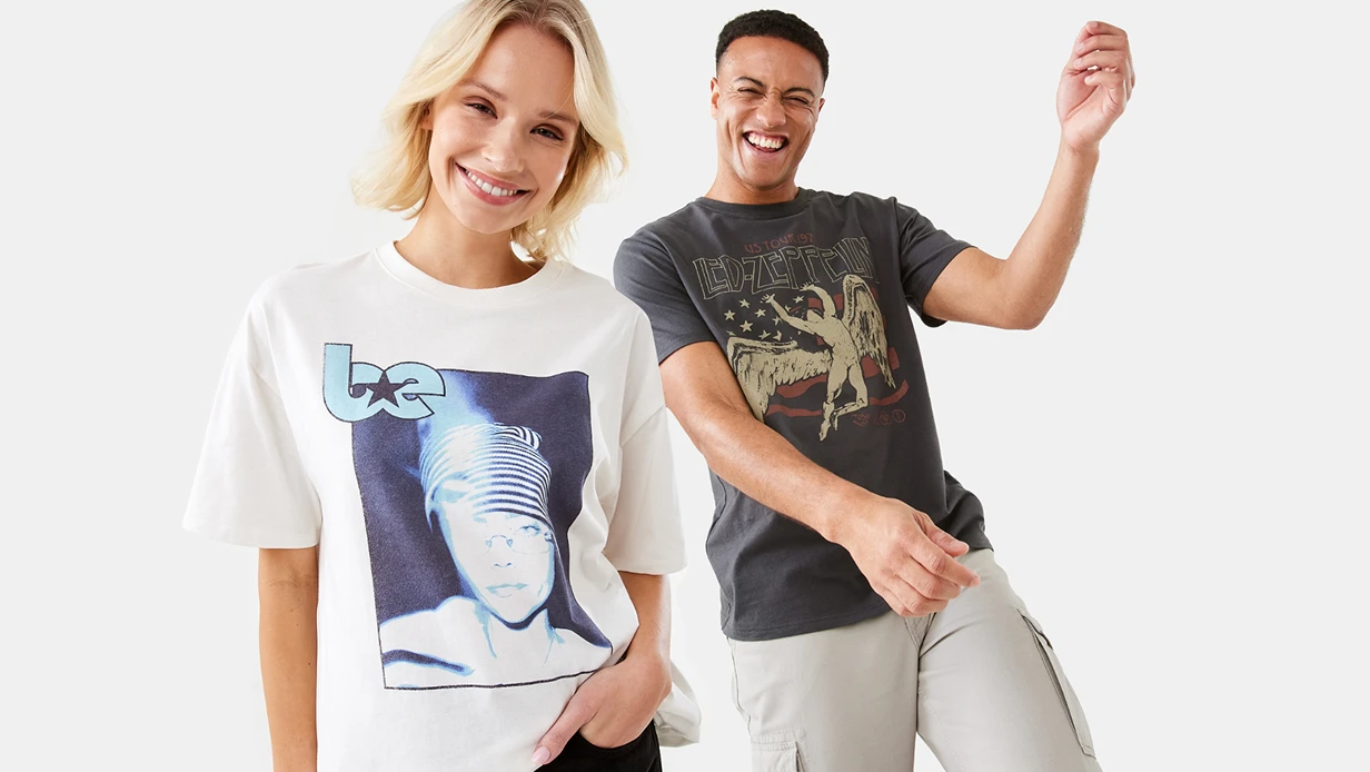 Female and male talent wearing music band tees