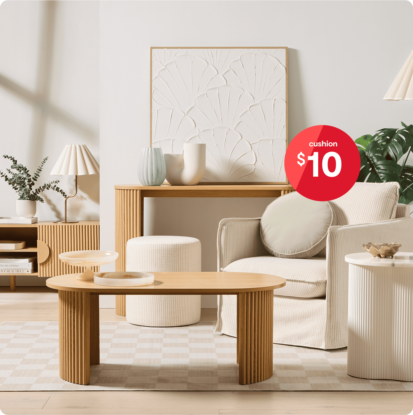 Timeless Living room themed set-up with $10 Velvet round cushion
