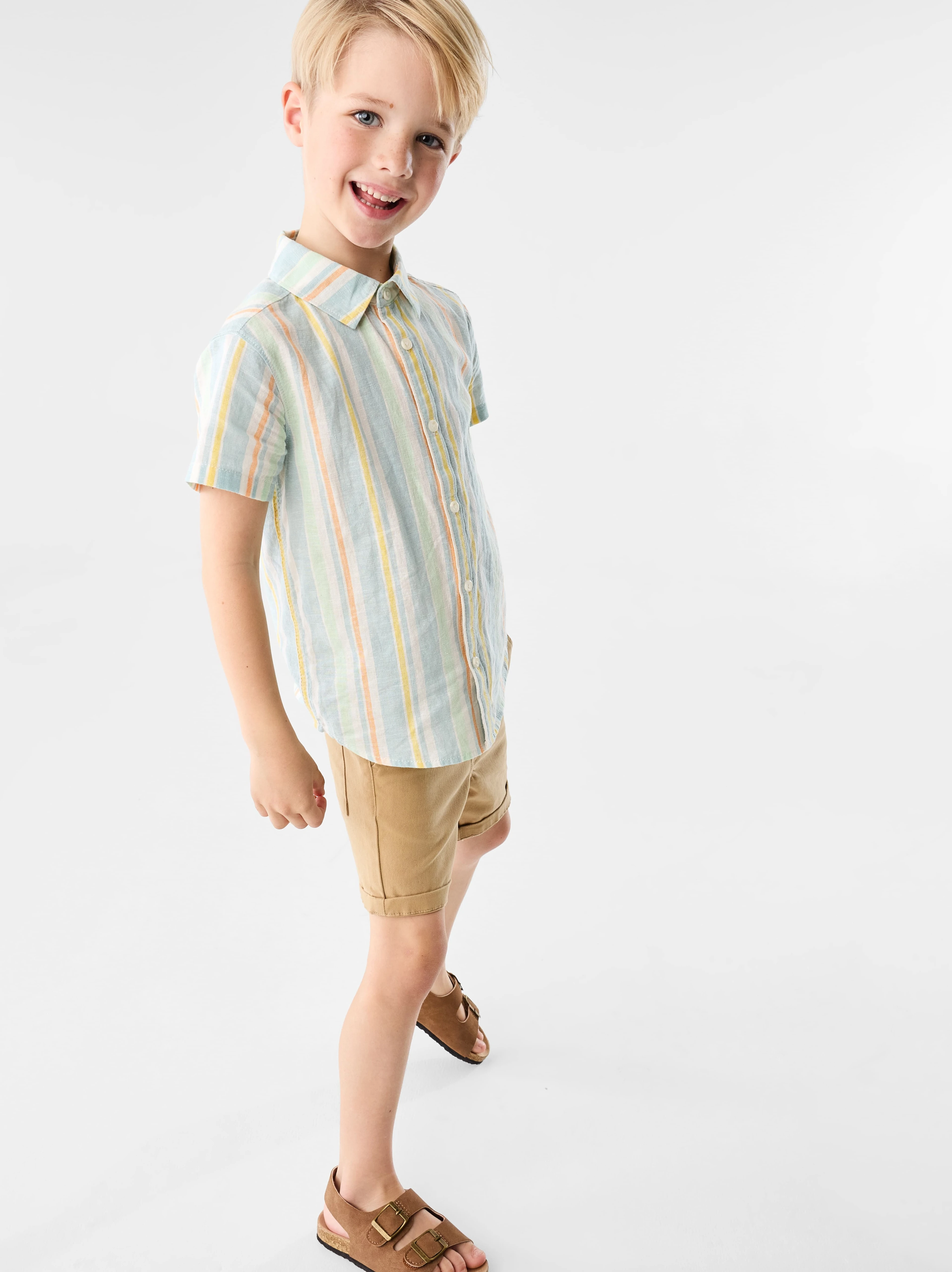 Boy wearing Multi Striped Linen Blend Printed S