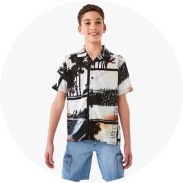 Boys White Palms Print Short Sleeve Double Cloth S