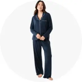 Woman Wearing Navy Blue Long Sleeve Top and Pants Comfort Pyjama