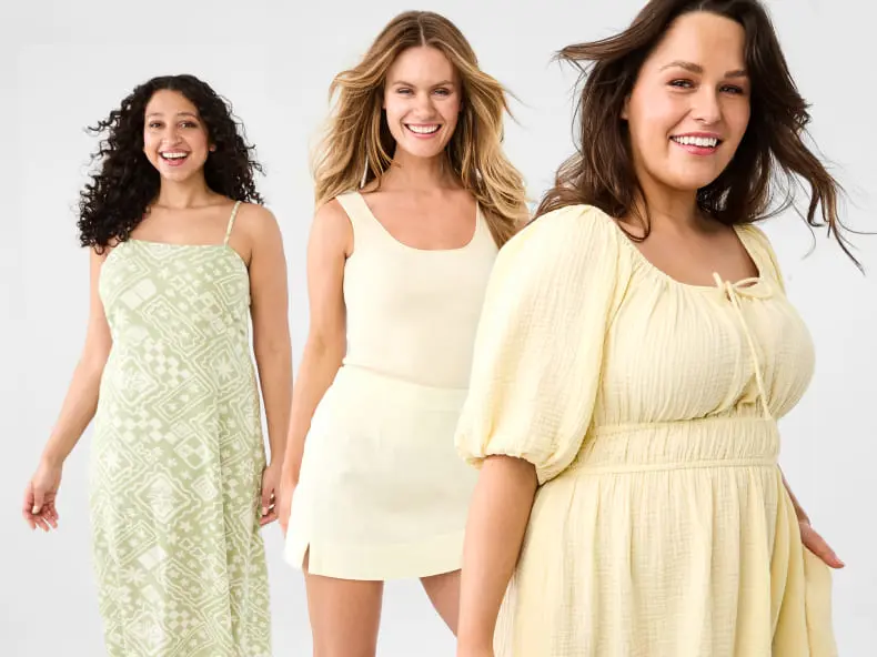 Three women talent wearing three different styles of spring summer dresses