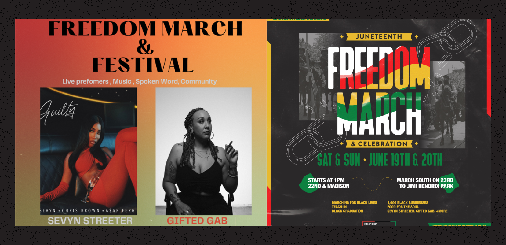 Two square images side by side, denoting the Freedom March and Festival, June 19th & 20th. Contains images of Sevyn Streeter and Gifted Gab. 