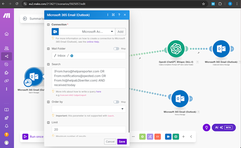 Search emails node in make