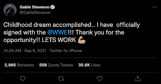 Tweet from Gable Stevenson announcing WWE partnership