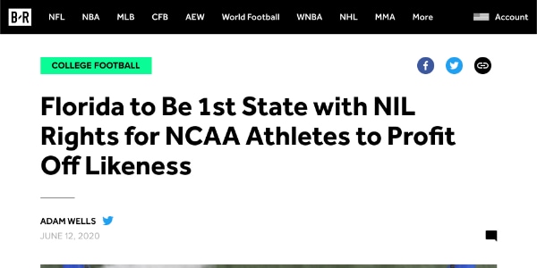 Headline reading, "Florida to Be 1st State with NIL Rights for NCAA Athletes to Profit Off Likeness."