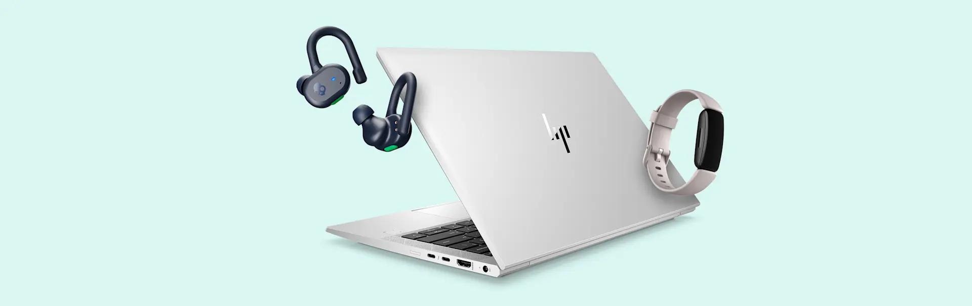 Tile enabled Skullcandy headphone, HP laptop and Fitbit