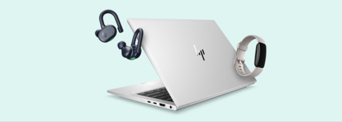 Tile enabled Skullcandy headphone, HP laptop and Fitbit