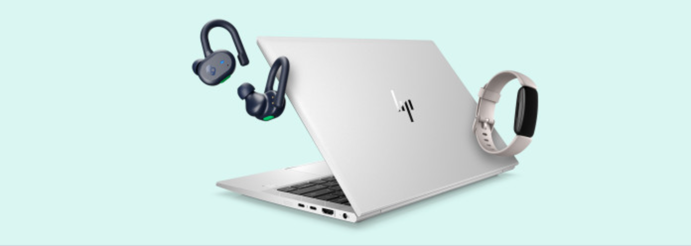 Tile enabled Skullcandy headphone, HP laptop and Fitbit