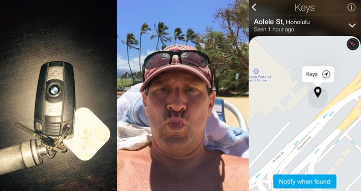 A collage of a person's story of how they lost and found their keys while on vacation