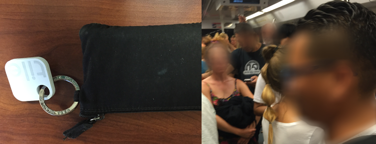 A wallet with a Tile attached and a person with their face obscured