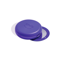 A purple Smile Direct Club retainer case embed with tile finding technology
