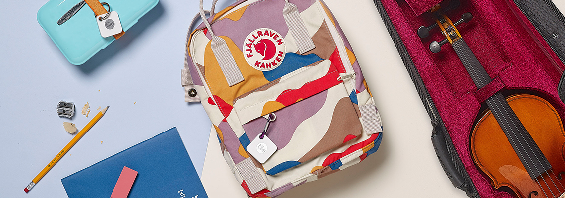 School bags and supplies with Tiles attached