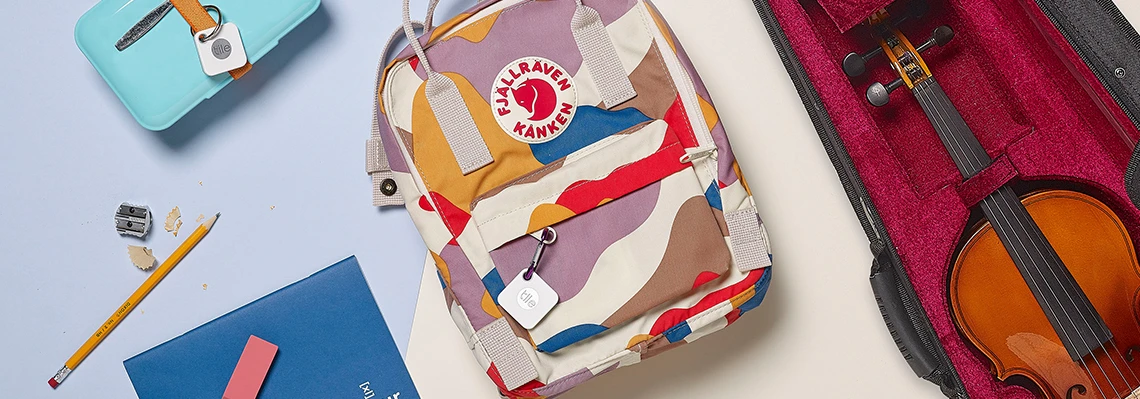 School bags and supplies with Tiles attached