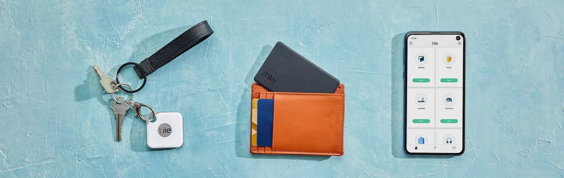 Tile products on keys and in a wallet with the Tile app on a phone