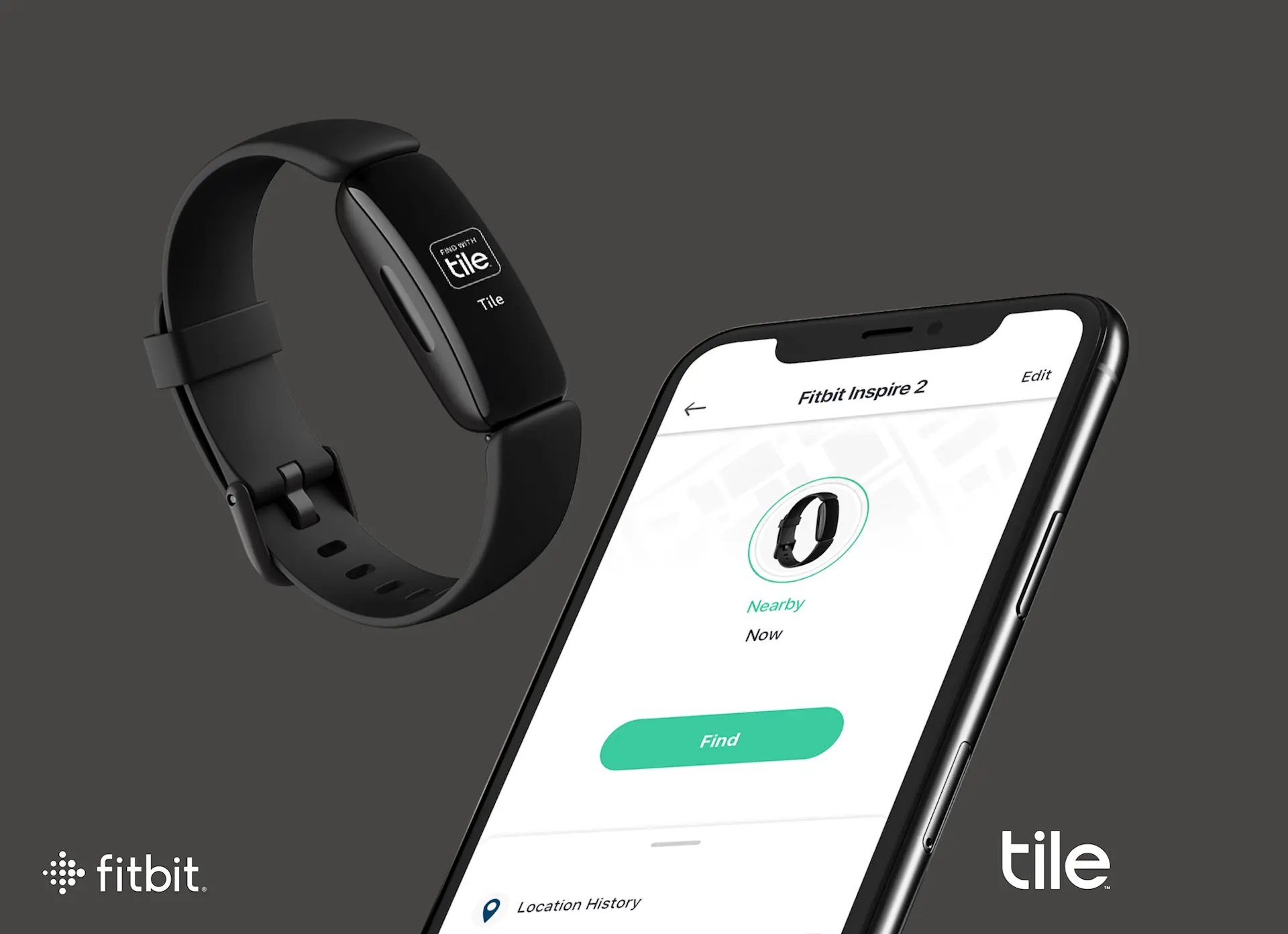 Fitbit device with Tile embedded and cell phone with a screen showing the tile app showing the finding screen