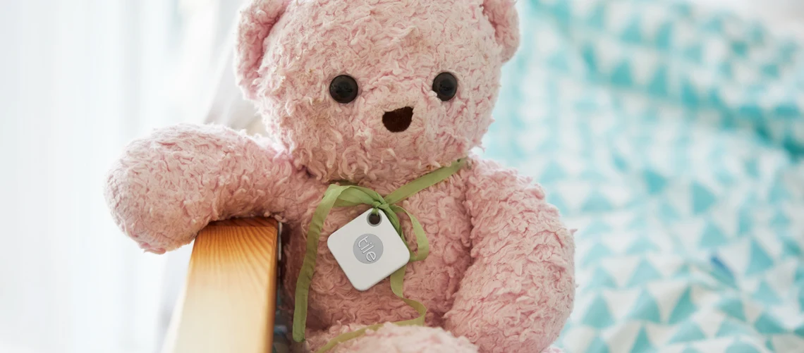 A plush bear with a Tile attached
