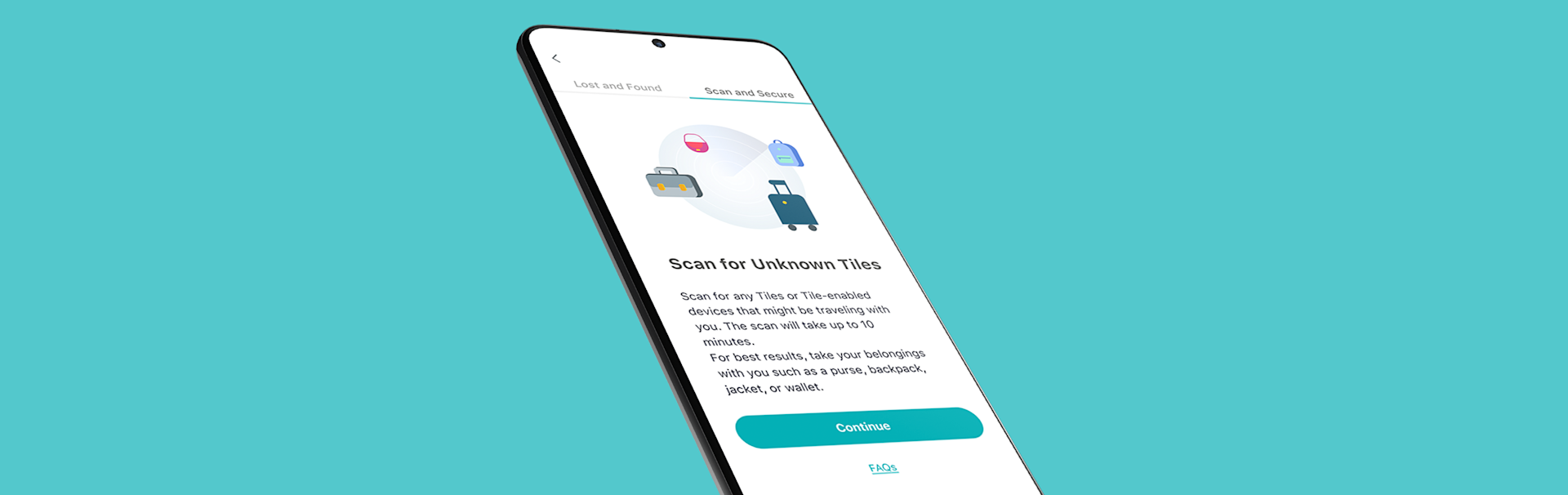 A phone using the scan for unknown tiles feature in the Tile app