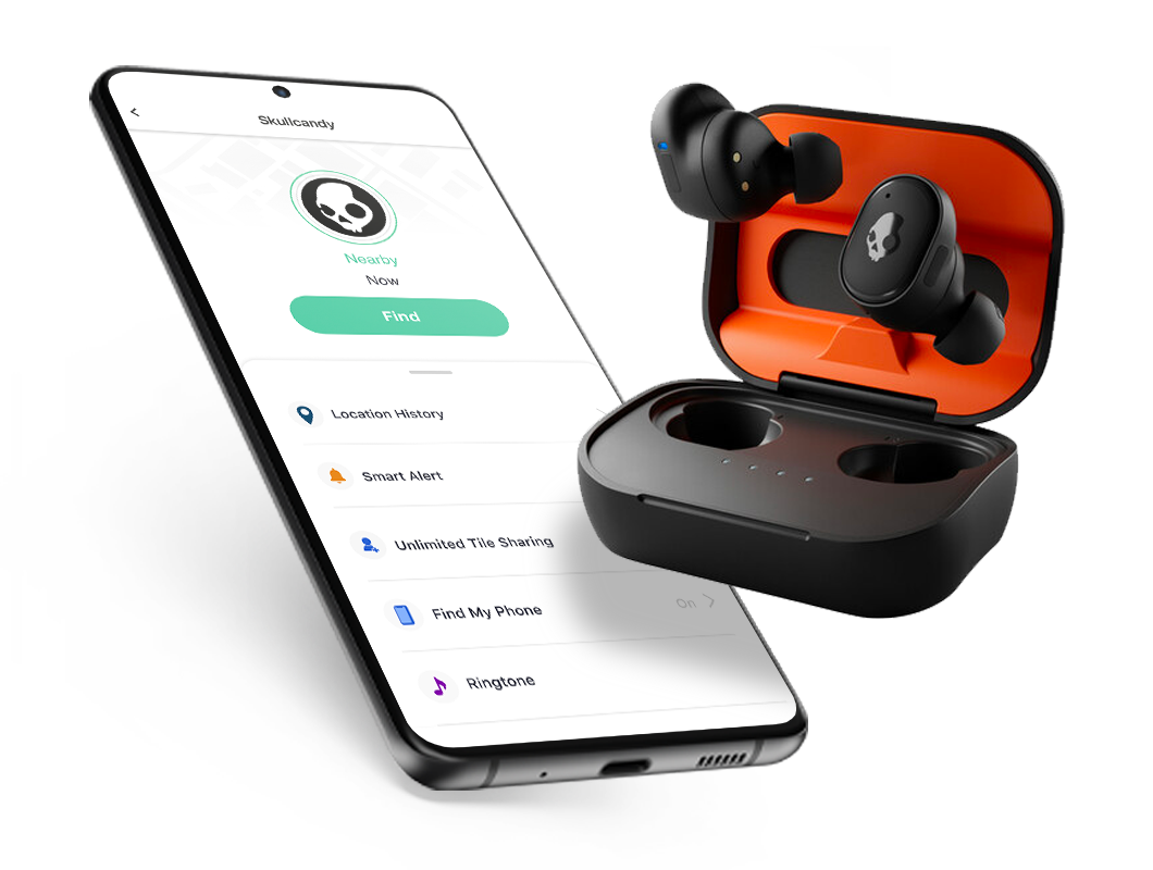 A cell phone showing the Tile app finding skullcandy earbuds